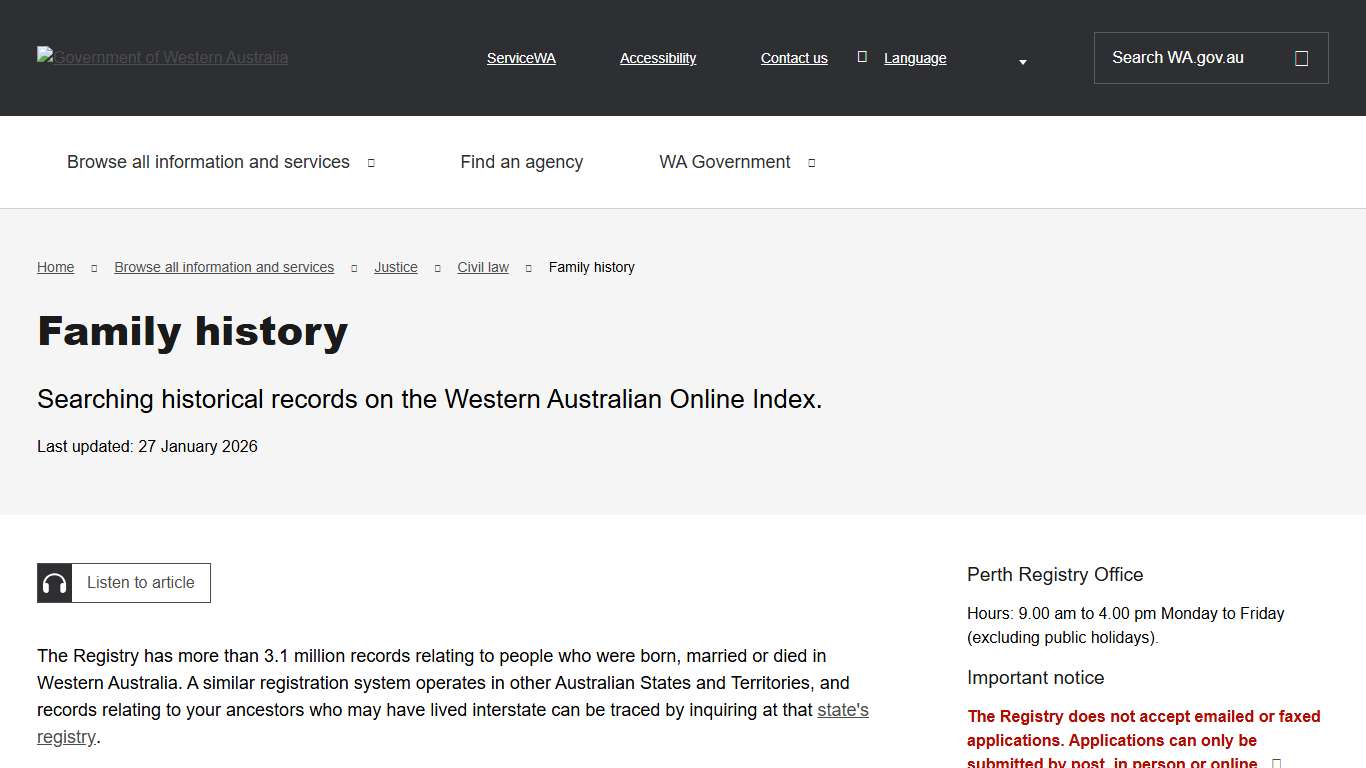 Family history Western Australian Government