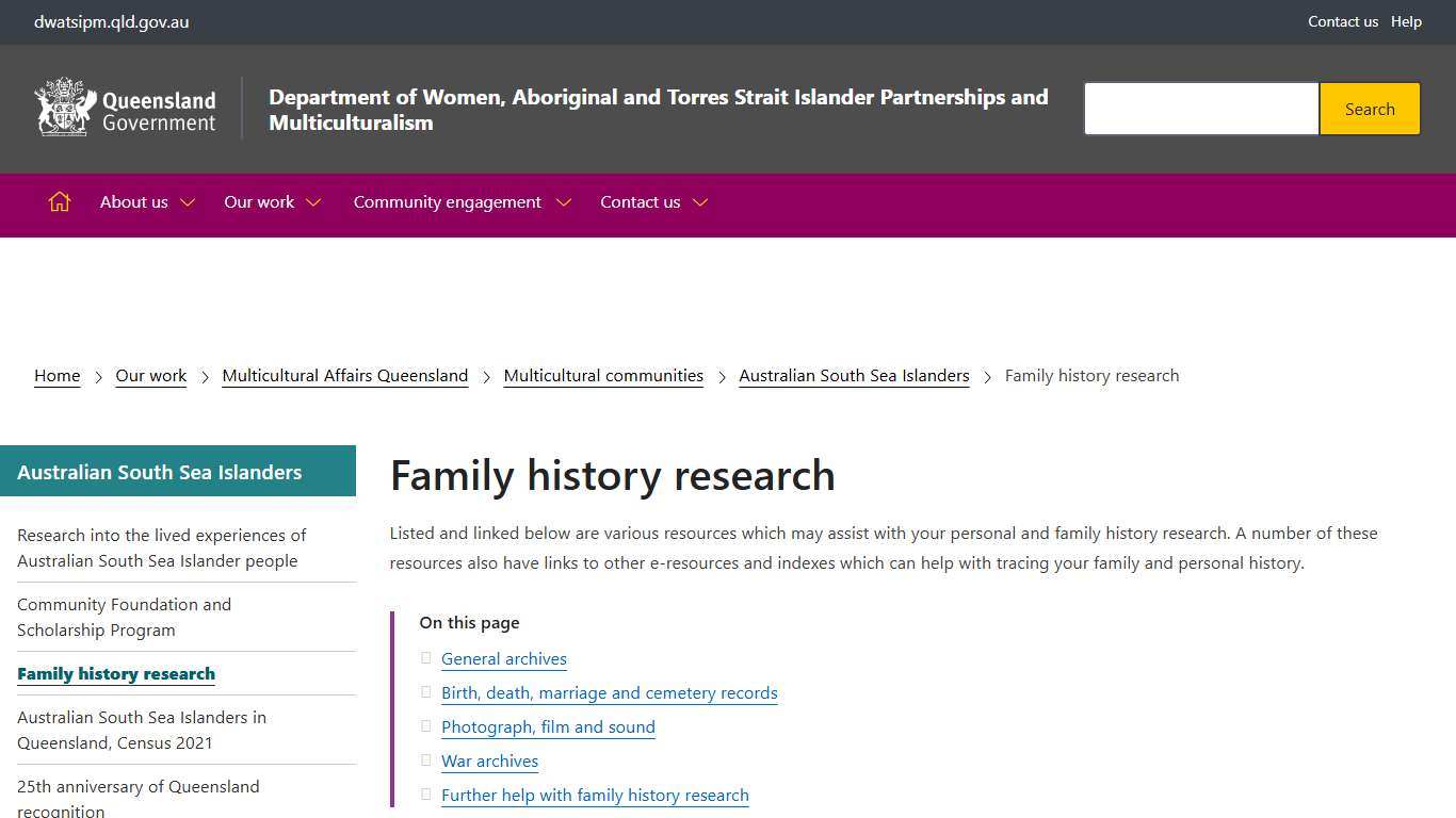 Family history research Department of Women, Aboriginal and Torres Strait Islander Partnerships and Multiculturalism
